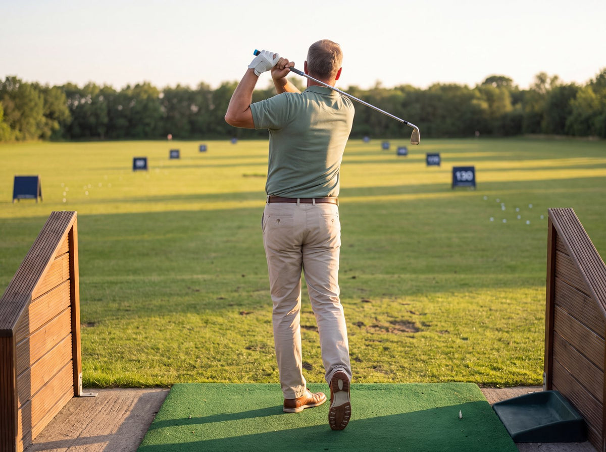 Golfer at a driving range holding his finish with the TrueGrip Trainer on his club